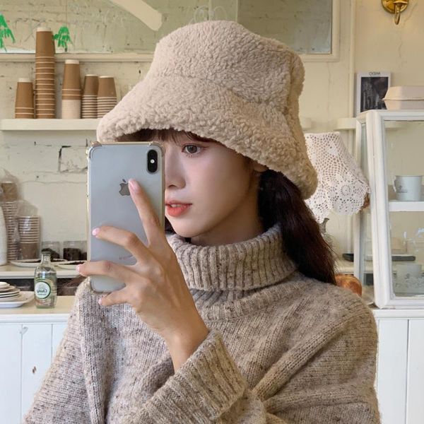 

korean hat for women, autumn and winter lamb letter label fisherman hat, Blue;gray