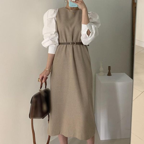 

casual dresses korean version dress japanese puff sleeve round neck temperament splicing belt all-match autumn winter fake two sweater, Black;gray