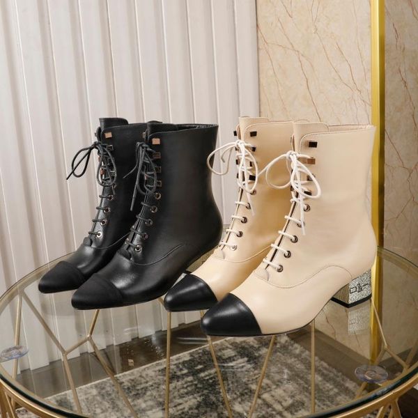 

boots shoes women winter mid calf natural cow suede med heels pointed toe lace up zapatos de mujer, Black