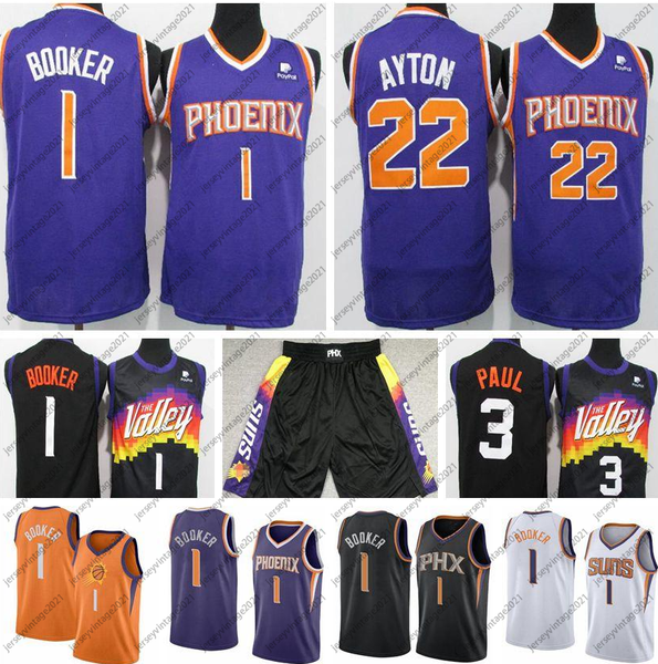 Vintage Devin 1 Booker Jersey DeAndre 22 Ayton Chris 3 Paul Maglie Retro Steve 13 Nash Charles 34 Barkley Pantaloncini da basket Uomo Viola Arancione 100% cucito