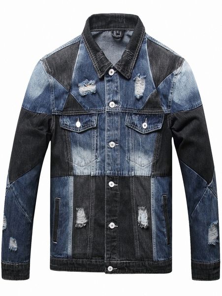 

men two tone ripped denim jacket t3m7#, Blue