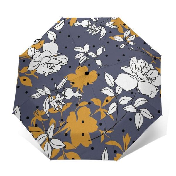 

umbrellas wind resistant fully-automatic umbrella floral roses rain 3 folding parasol travel car