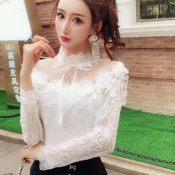

spring long sleeve sweet tie womens shirt bow floral lace hollow out tassel mesh blouses blusas short ab1313, White