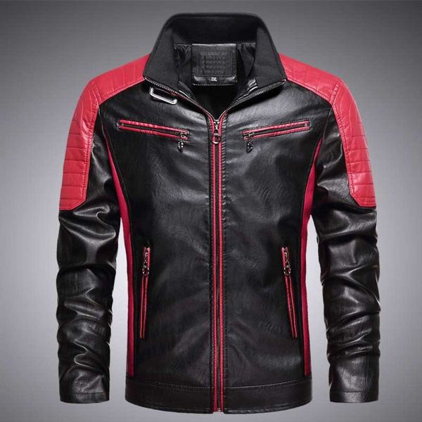 

men's color matching 2020 stand collar splicing autumn and winter new locomotive pu leather coat, Black;brown