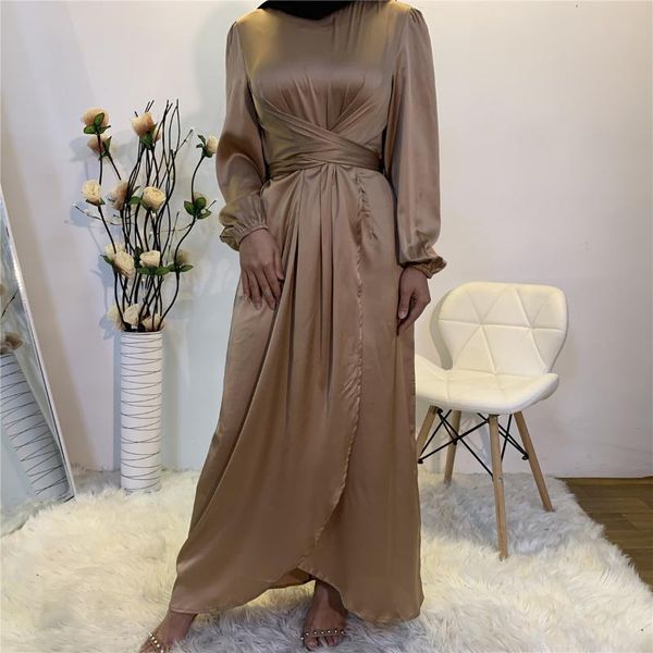 

ethnic clothing ramadan eid satin abaya muslim women solid color wrap front long sleeve ruffles maxi dress dubai turkey modest wear, Red