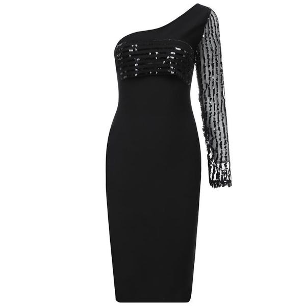 

casual dresses elegant bandage dress women black one shoulder beading party club long sleeve ladies clothes autumn, Black;gray