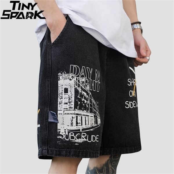 Homens Hip Hop Carga Shorts Streetwear Carta de construção Impressão Denim Harajuku Jogger Verão Curto Algodão 210806