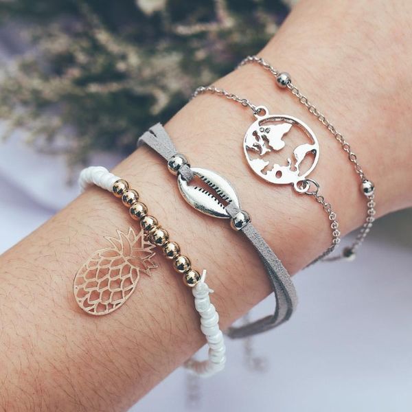 

link, chain pineapple map shell charm bracelets set for women simulation pearl beads bracelet female bohemian jewelry gift 2021, Black