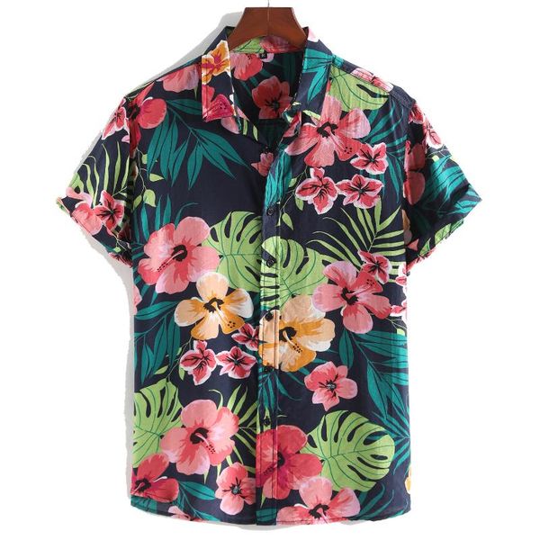 

men's casual shirts men summer short sleeves flower printing hawaii turn down collar korean loose cotton shirt male beach s230, White;black