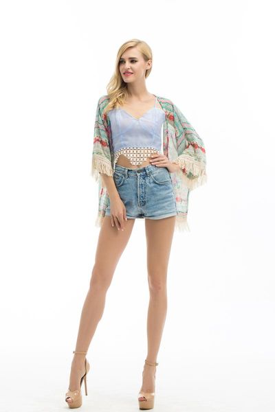 

women's swimwear women cover-ups 2021 floral print tassel womens jacket chiffon cardigan blouse beach cover up, White;black