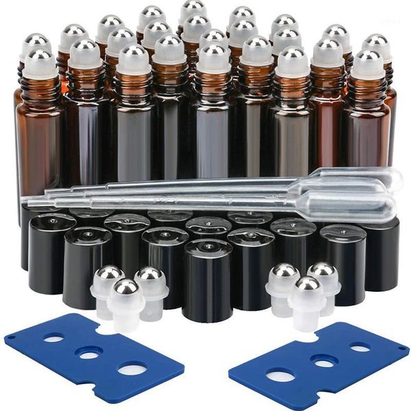 

24pcs 10ml amber roller bottles thick glass essential oil roll on refillable clear perfume with 2 opener storage & jars