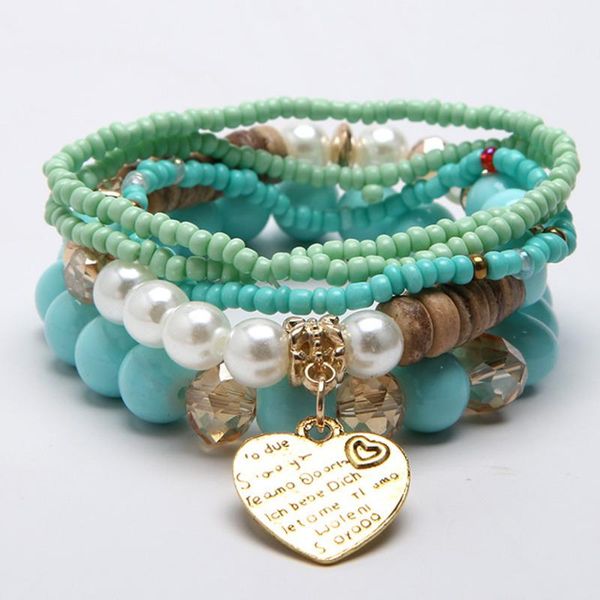 

beaded, strands handmade beaded bracelets set bohemian multilayer elastic heart-shaped pendant charm women, Black