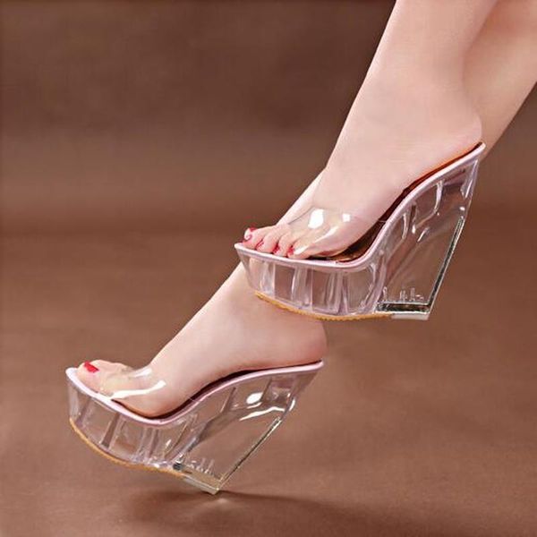 

summer slippers fashion high heels sandals transparent crystal platform wedges shoes women wedges sandals for women, Black
