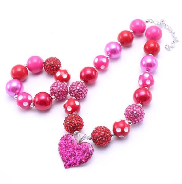 

kid gfit necklaces strands pearl rhinestone beads necklace girls charm heart love tag beaded colorful bead bracelet fashion children jewelry, Silver