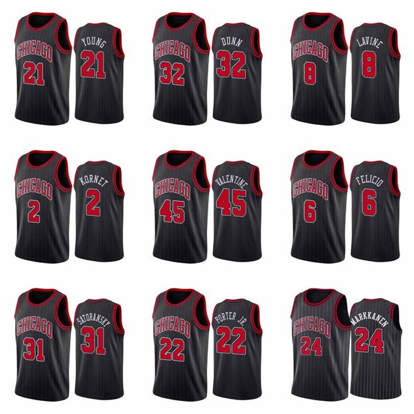 

custom 2021 bull black stripes 21 young 32 dunn 8 lavine 2 kornet 45 valentine 6 felicio basketball jersey men women youth jerseys, Black;red
