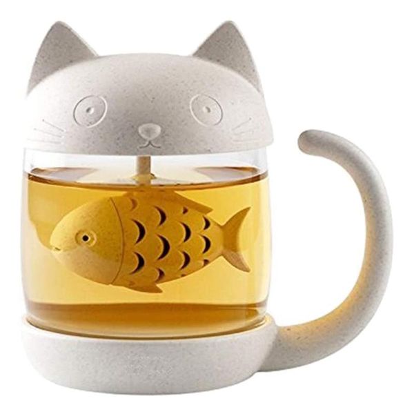 

mugs cute cat glass cup tea mug with fish infuser strainer filter-250ml(8 oz)-(beige)