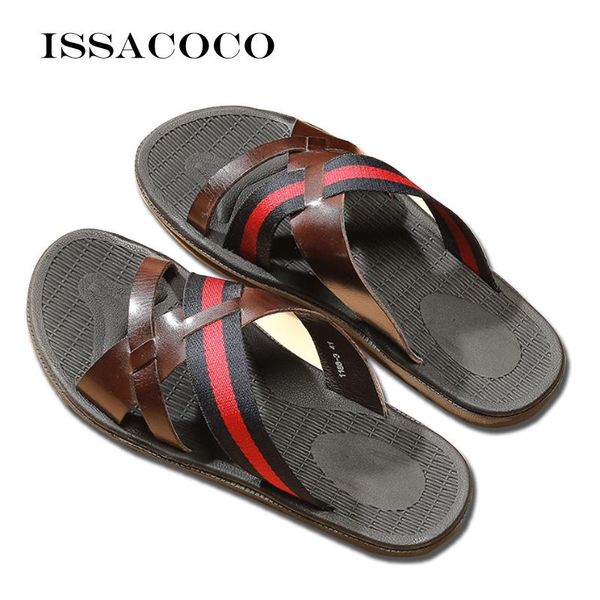 

slippers issacoco summer sandals men's home fashion flip flops men outdoor genuine leather beach pantuflas, Black