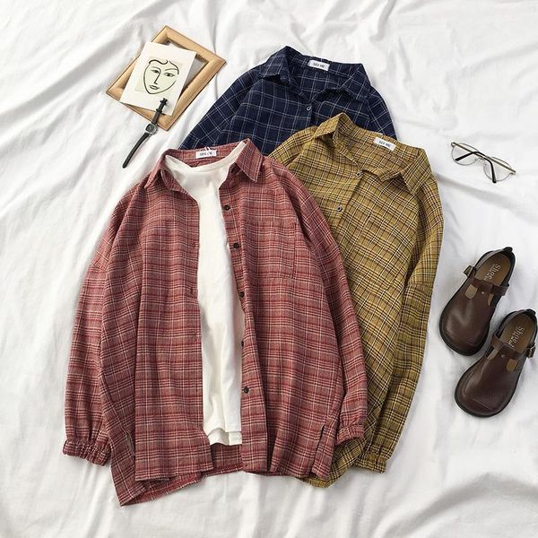 

women retro plaid blouse shirts korean chic preppy style long sleeve basic shirt female all match harajuku vintage blusas women's, White