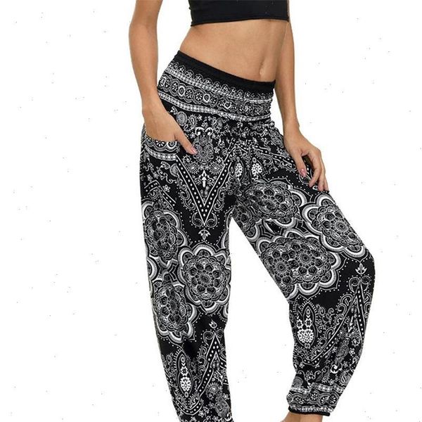 

2021 women harem pants ethnic print home fitness wear sarouel femme elastic waist loose wide leg trousers, Black;white
