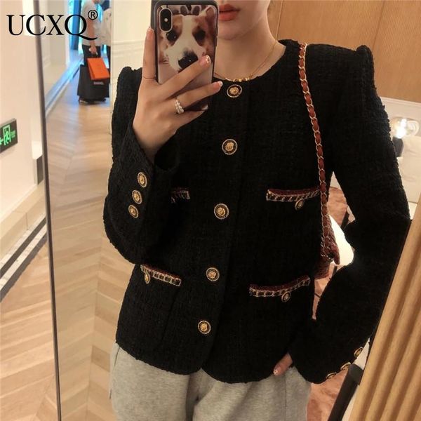 

women's wool & blends ucxq woman tweed jacket black solid o collar single breasted pockets long sleeve temperament ladies style 2021 au