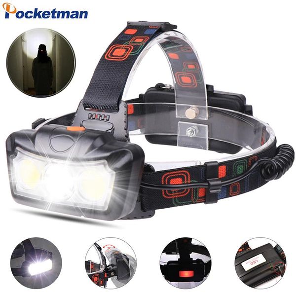 

pocketman high lumen t6+cob led headlight long range headlamp red warning tail light head front light rechargeable head torch