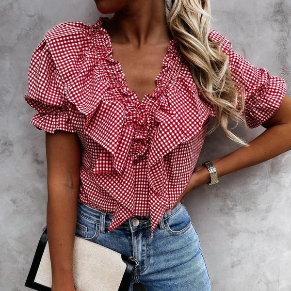 

women's blouses & shirts for women fashion v-neck falbala short sleeves pure color casual loose female clothes blusas mujer de moda, White