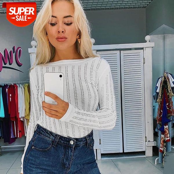 

women clothes 2020 elegant striped white pullovers autumn o neck long sleeve casual female black slim office ladies t shirt #eq7d