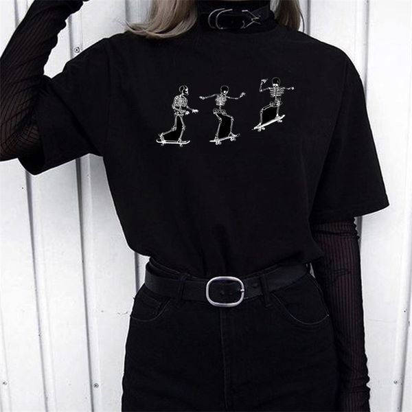 

kuakuayu hjn skeletons skateboarding black t-shirt tumblr fashion cute funny tee hipsters street style shirt grunge clothes 210623, White