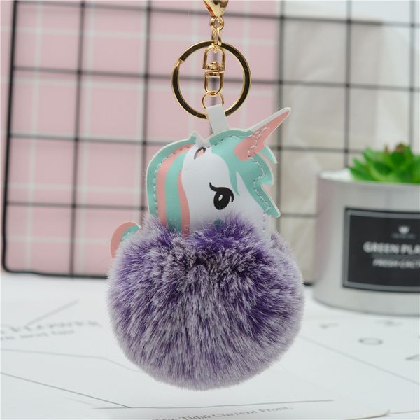 

2021 fashion keychain 2021 new pu doll unicorn fur ball key ring small animal snowflake two color plush bag car pendant, Silver