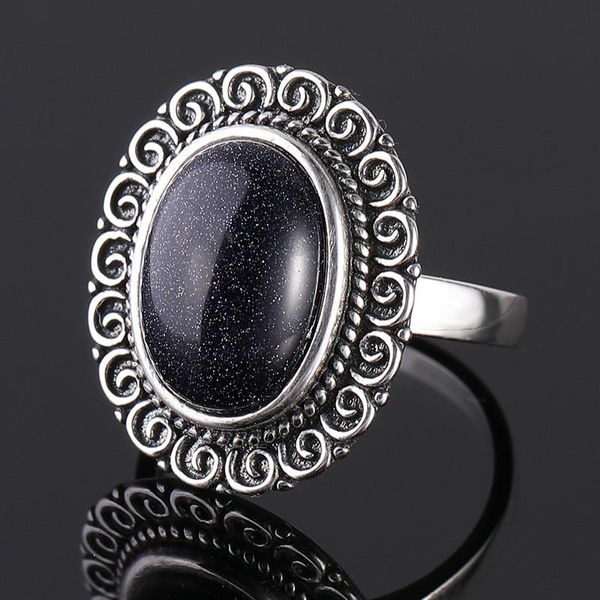 

cluster rings 10x14mm blue sandstone women's 925 sterling silver jewelry ring vintage gemstone anniversary party gifts for women, Golden;silver