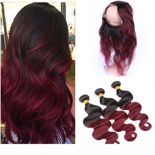 

1b 99j burgundy ombre malaysian virgin human hair 3bundles with pre plucked wine red ombre 360 ear to ear full lace frontal closure, Black;brown