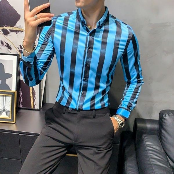 

men's casual shirts blue striped shirt mens business dress long sleeve slim fit men autumn social male clothing -3xl, White;black