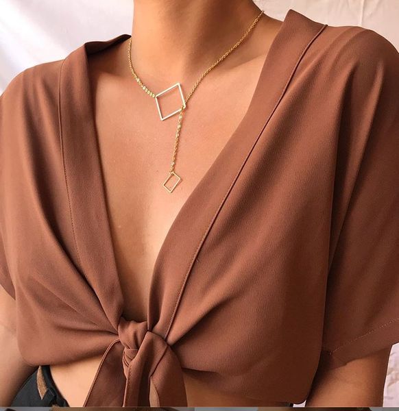 

style clavicle chain creative simple geometry square pendant necklace temperament sweater chain women, Silver