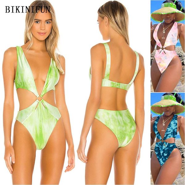 

2021 new tied dye print monokini women metal ring swimwear deep v one piece suit s-2xl girl swimsuit backless beachwear