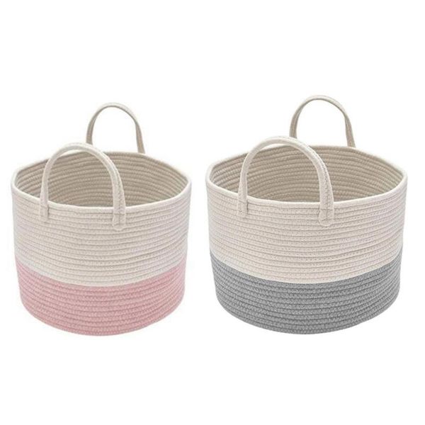 

laundry bags 2x storage baskets cotton rope basket woven baby with handles pink & grey