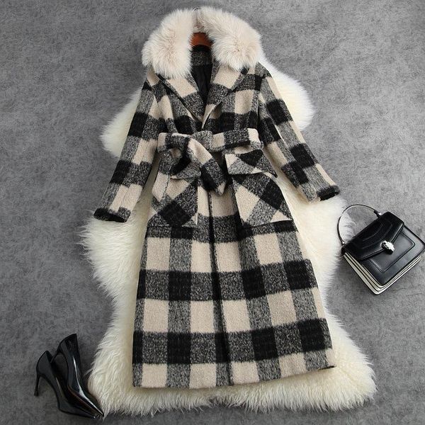

women's wool & blends style winter england overcoat 50% plaid coat c671, Black
