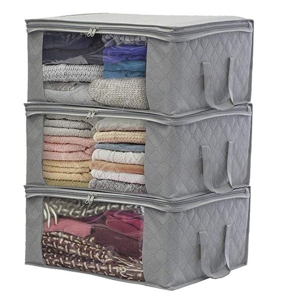 

3pcs storage bag quilt clothes bag non woven fabric storage box with handles folding moisture-proof sealed box clear org