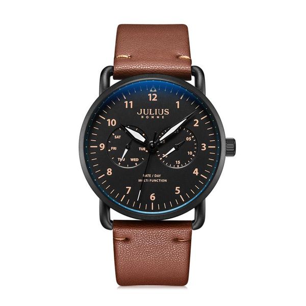 

wristwatches julius multi-function men's watch leather band homme jah-120 boy bracelet wrist japan mov't clock box, Slivery;brown