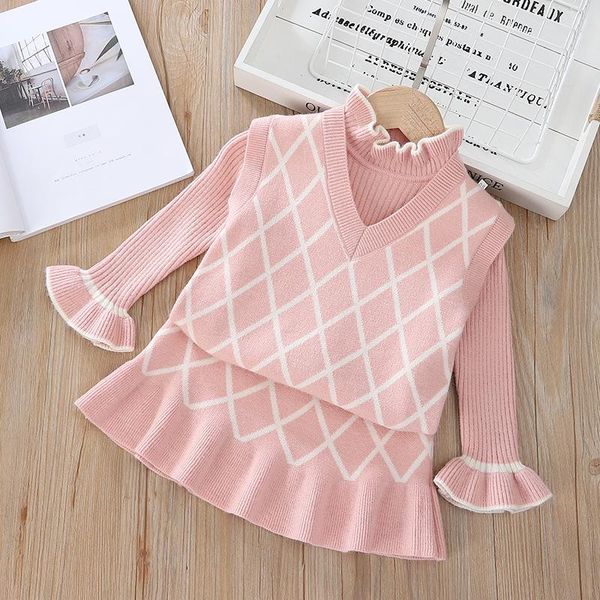 

fall kids clothes knit sweater vest&long sleeve skirt 3 pcs fashion korean little girls clothing set winter warm outfits, White