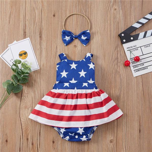 

clothing sets born baby girls clothes set,summer star stripe print independence day sleeveless v-neck jumpsuit+bow-knot headband,0-24months, White
