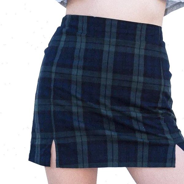

2021 streetwear slim tartan green harajuku plaid skirts womens high waist split short skirt women a line mini skirt za, Black
