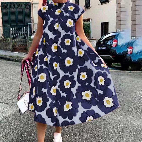 

casual dresses womens summer elegant midi dress zanzea bohemian beach robe female vintage floral print vestido chic short sleeve, Black;gray