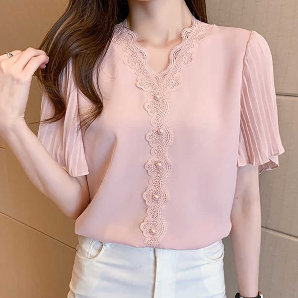 Shintimes dobra fina lace manga curta mulheres blusa v-pescoço verão tops coreano moda roupas botão chiffon mulheres camisas 210615