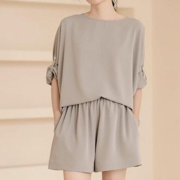 

women's tracksuits [ewq] korea chic casual trend women solid color o neck long-sleeved + fashion elastic shorts 2 piece set summer 2021, Gray