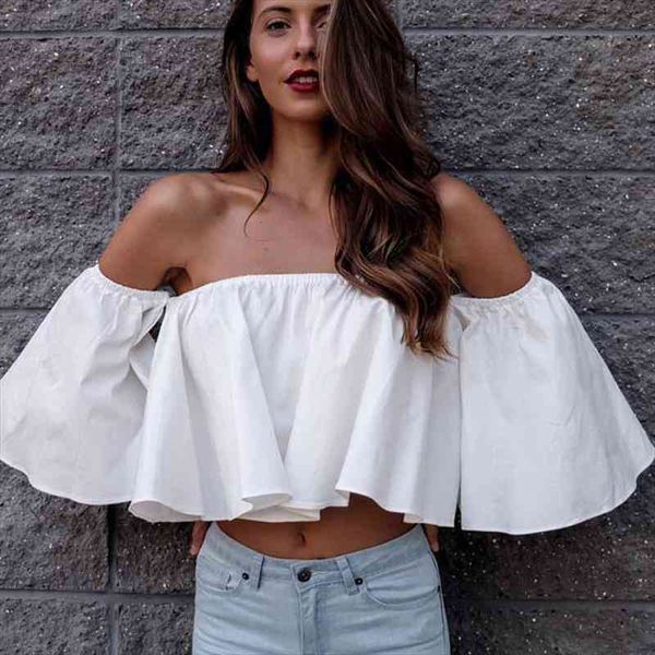 

stylish spring summer womens shirts flare sleeve off shoulder solid tank crop cropped pullovers blouse costume, White