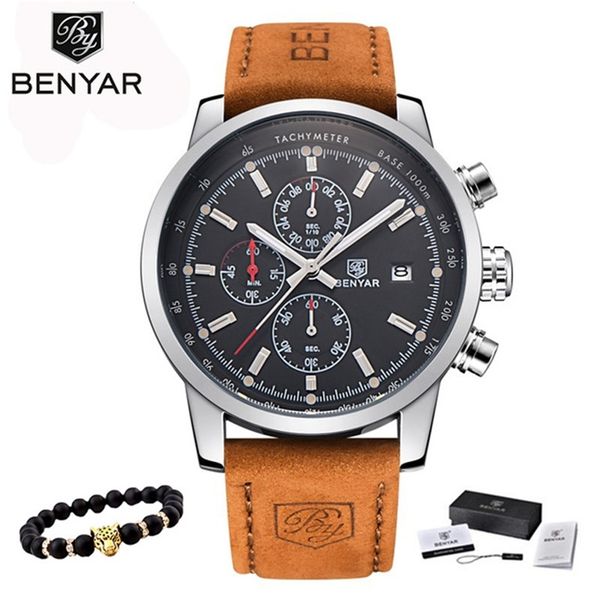 

benyar watches men luxury brand quartz watch fashion chronograph watch reloj hombre sport clock male hour relogio masculino 210804, Slivery;brown