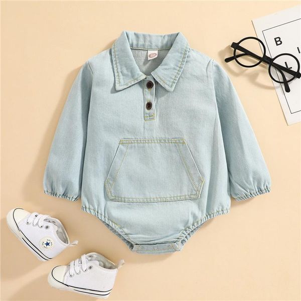 Macacão bebê meninos meninas casual denim pano macacão, primavera outono moda luz azul cor sólida manga longa colarinho, 0-24 meses