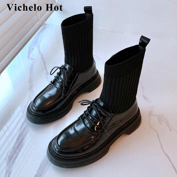 

boots vichelo british school knitting split leather patchwork round toe thick med heel lace up concise mid-calf l98, Black