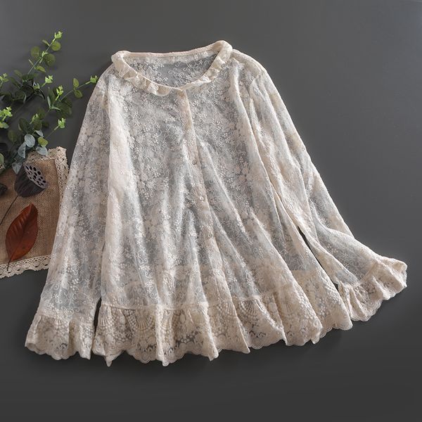 

lamtrip japanese lolita lace embroidered shirt autumn flared sleeves blouse mori gril 210225, White