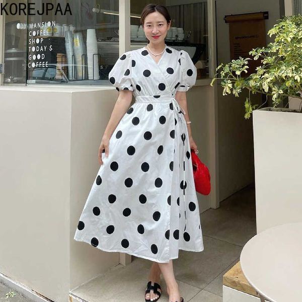 

korejpaa women shirt summer temperament v-neck pearl llace stitching lace-up waist puff sleeve polka-dot vestidos 210526, Black;gray